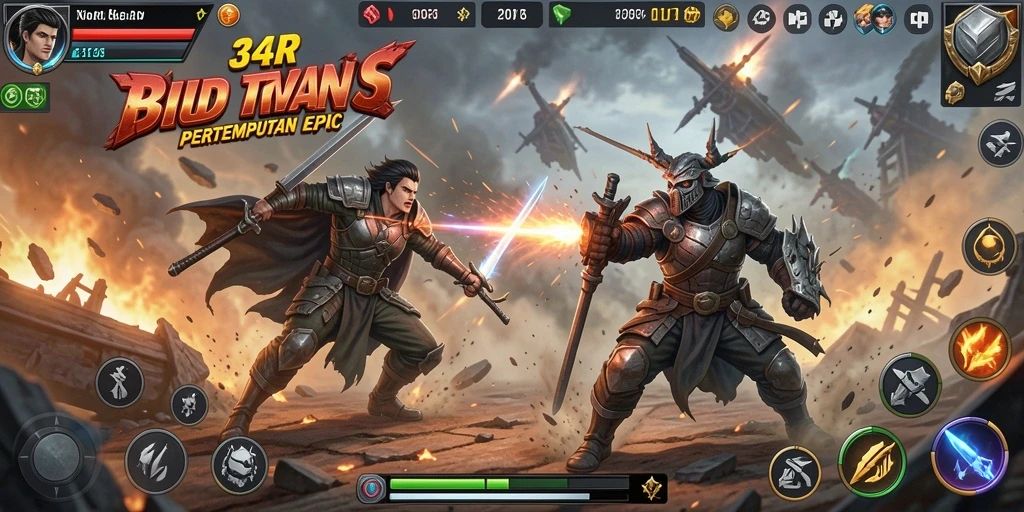 Screenshot 34R menampilkan pertempuran aksi yang mendebarkan.