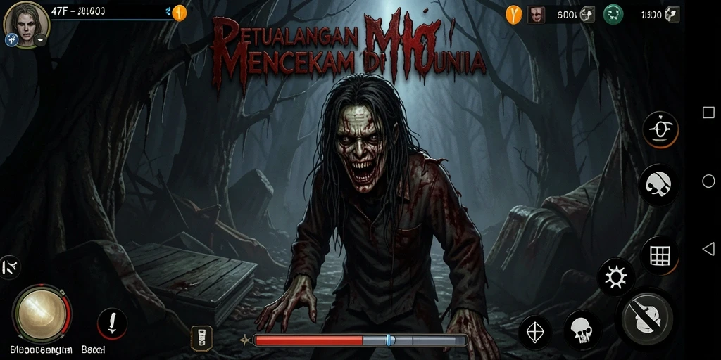 Tangkapan layar gameplay menampilkan suasana gelap dan menyeramkan dari 47F.