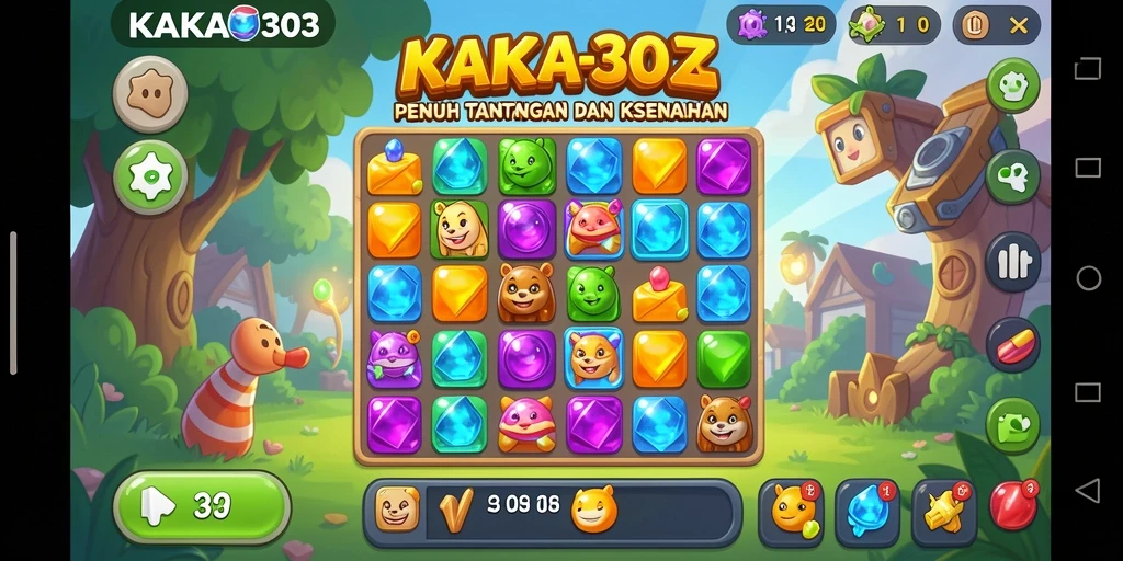 Menampilkan gameplay Match-3 yang seru dan penuh warna.