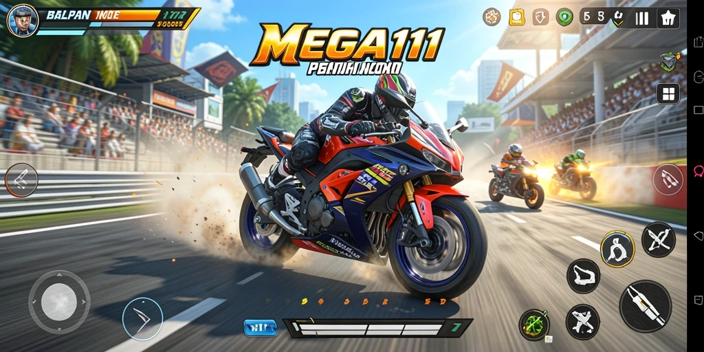 Tangkapan layar gameplay <strong>MEGA111</strong> yang menampilkan balapan motor yang intens.
