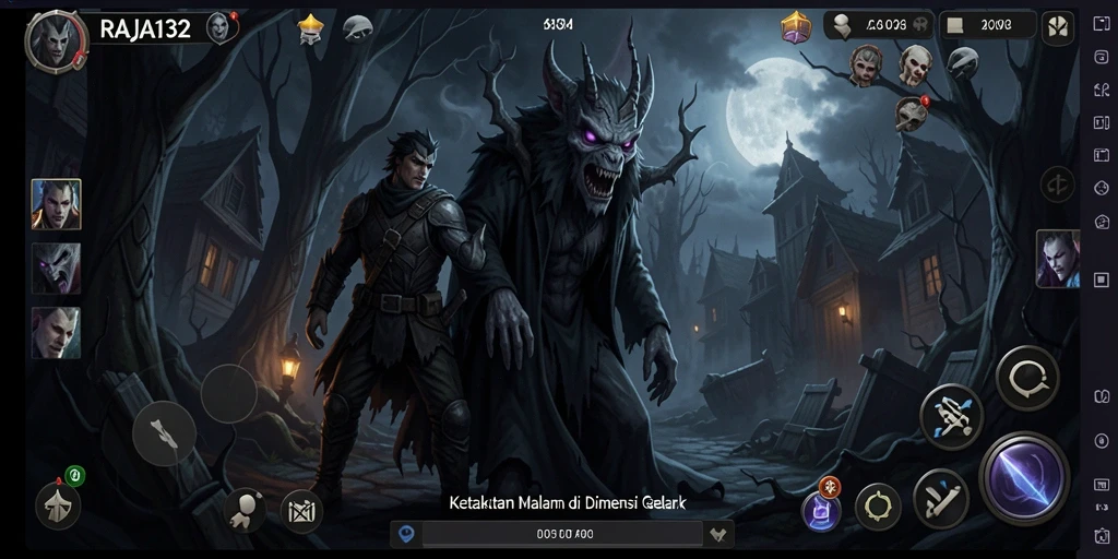Screenshot menunjukkan gameplay menegangkan di dunia kegelapan RAJA132.