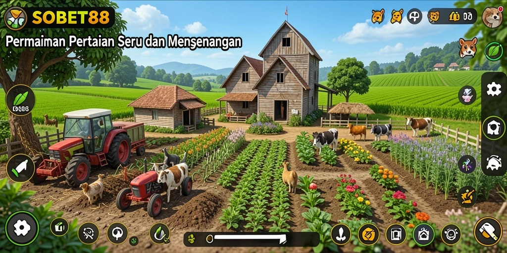Screenshot gameplay SOBET88 menampilkan suasana pertanian yang asri dan penuh warna.