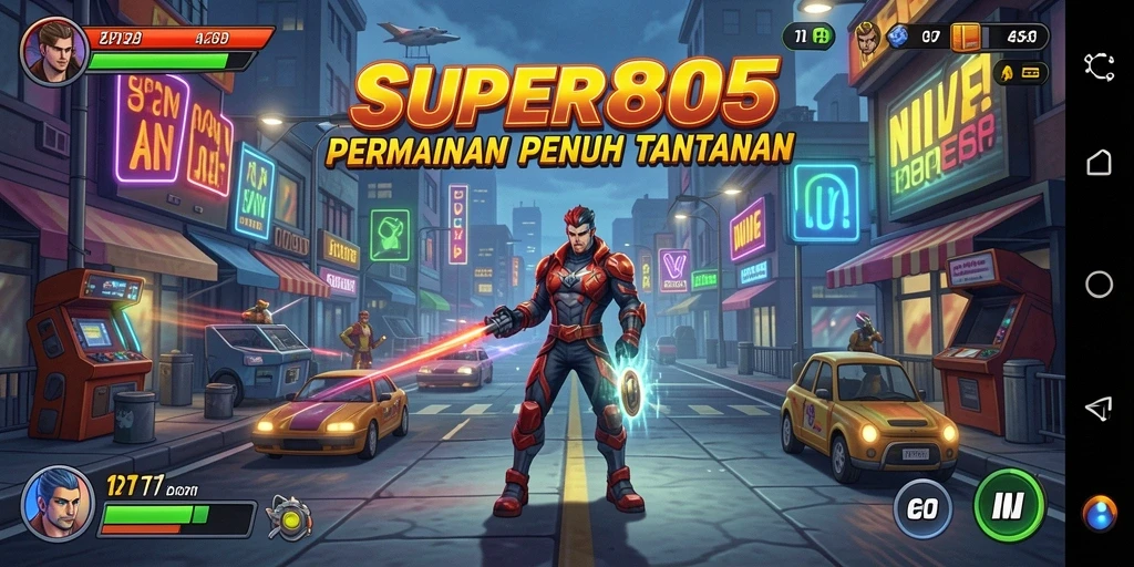 Screenshot SUPER805 menunjukkan gameplay arcade yang mendebarkan dan penuh aksi.