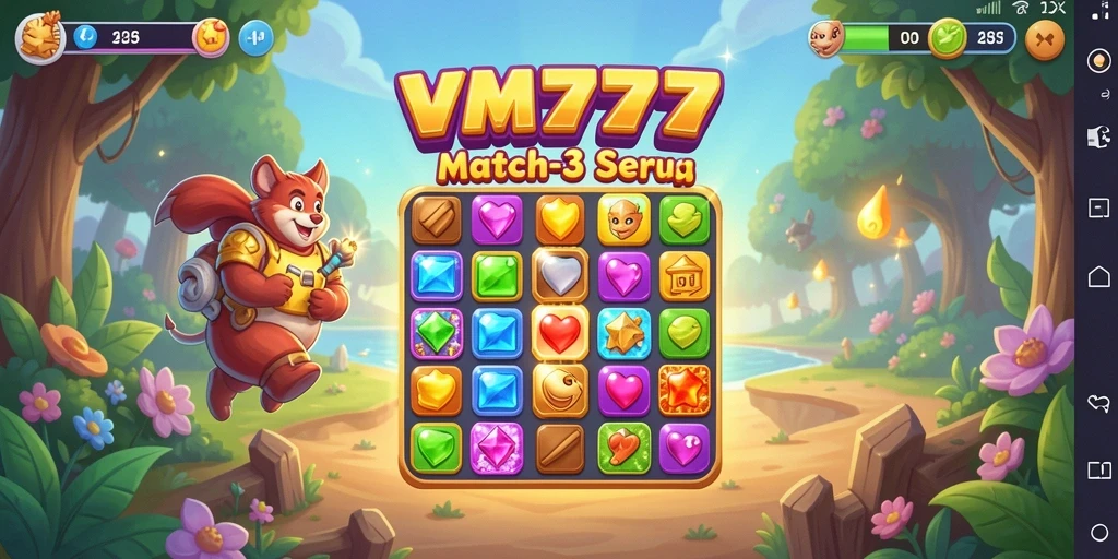 Tampilan gameplay VM777 yang penuh warna dan seru saat mencocokkan item.